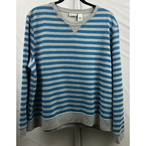 Kim Rogers Sweatshirt Women XL Teal Gray Stripe Cotton Long Sleeves Pullover Top